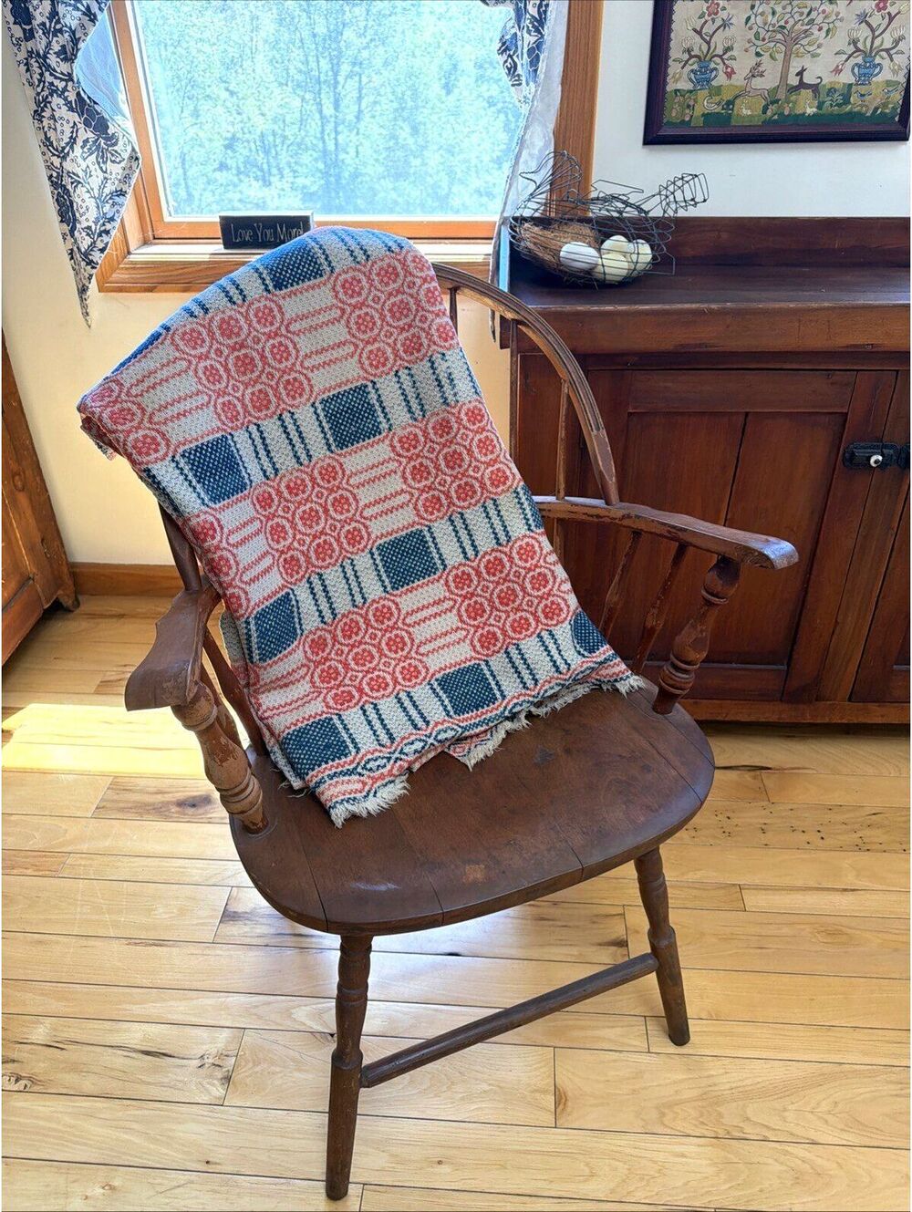Primitive Antique 1800s Woven Overshot Coverlet Indigo Blue Red 67x64” As Is